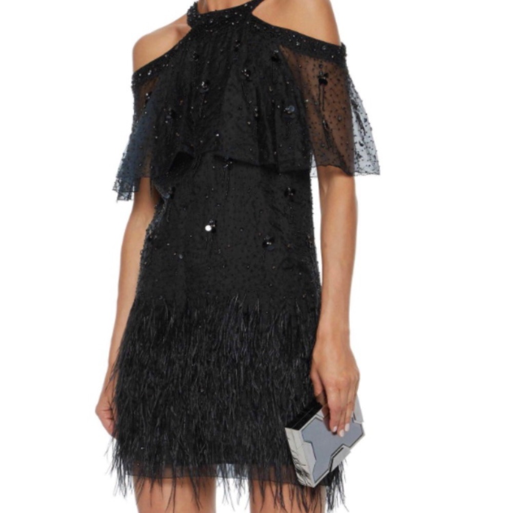 Designer party Ellie Tahari Tristana Cold shoulder Embellished Silk Dress Black